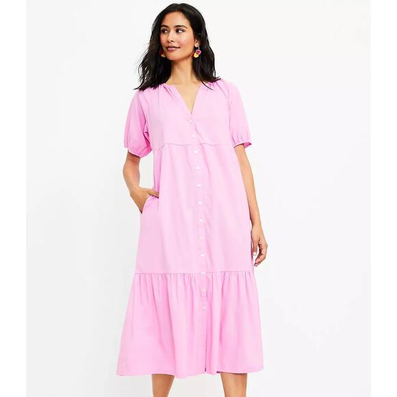 NWT Loft Pink Tiered Maxi Dress Sz LP Cottagecore Modest Preppy Cruise Vacation - Picture 1 of 9